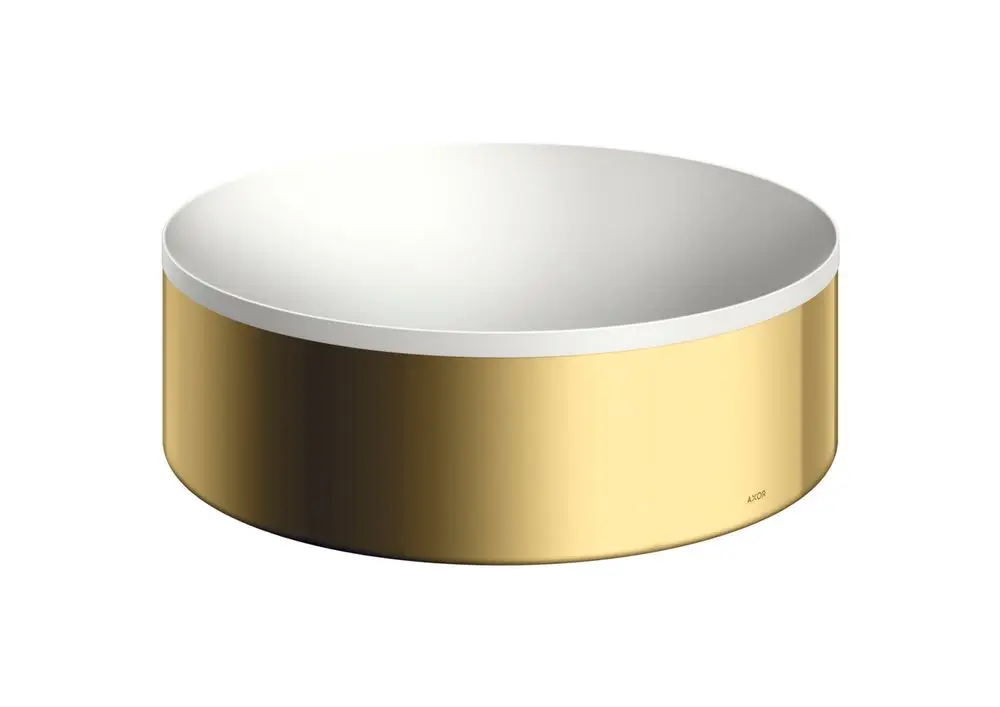Runder Aufsatzwaschtisch in Polished Gold Optic von AXOR, ohne Hahnloch und Überlauf. Gefertigt mit glatter, glänzender Oberfläche und abgerundetem Rand.